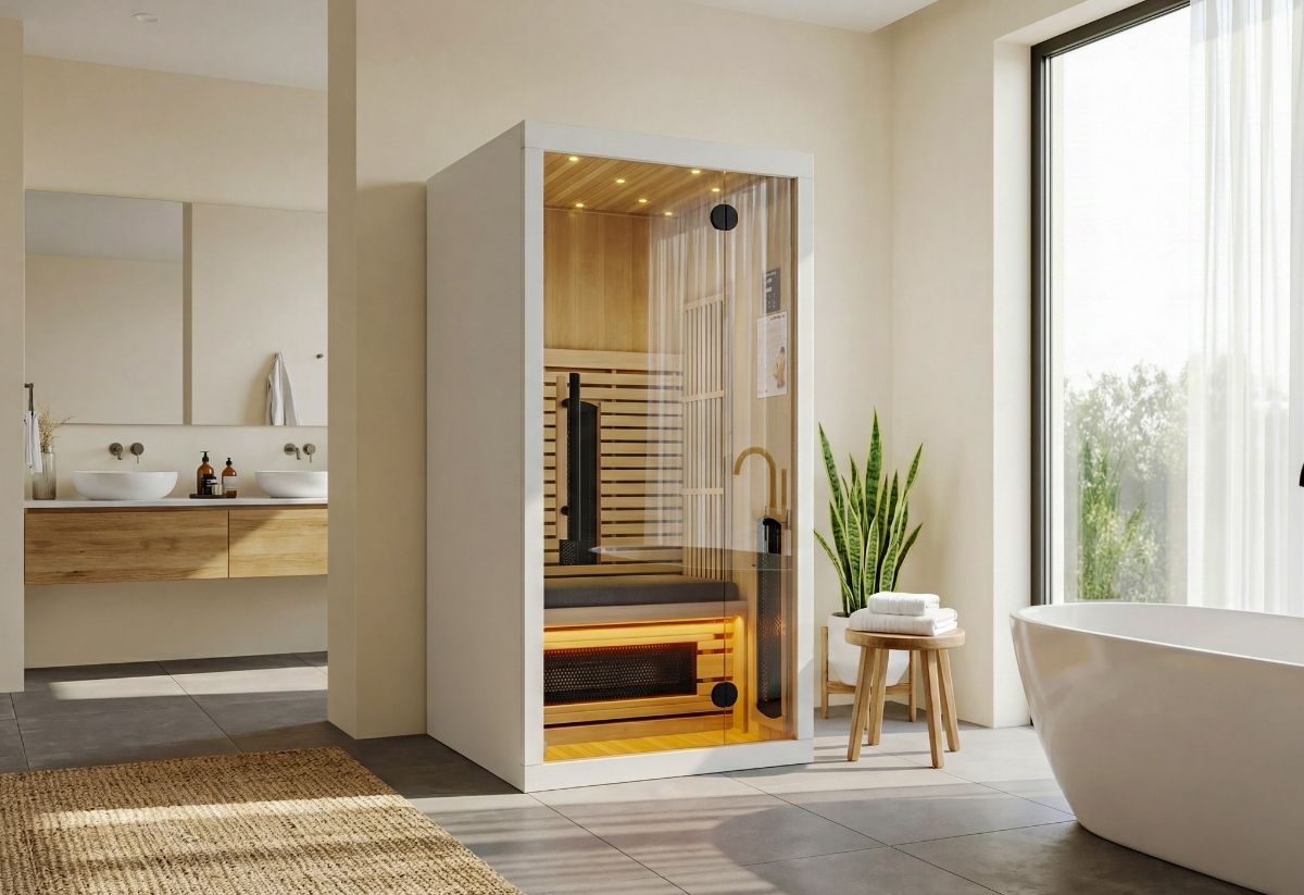 Ideaal voor thuisgebruik: 1-persoons infrarood sauna past perfect in de badkamer 1-persoons infrarood sauna van hout geplaatst in moderne badkamer